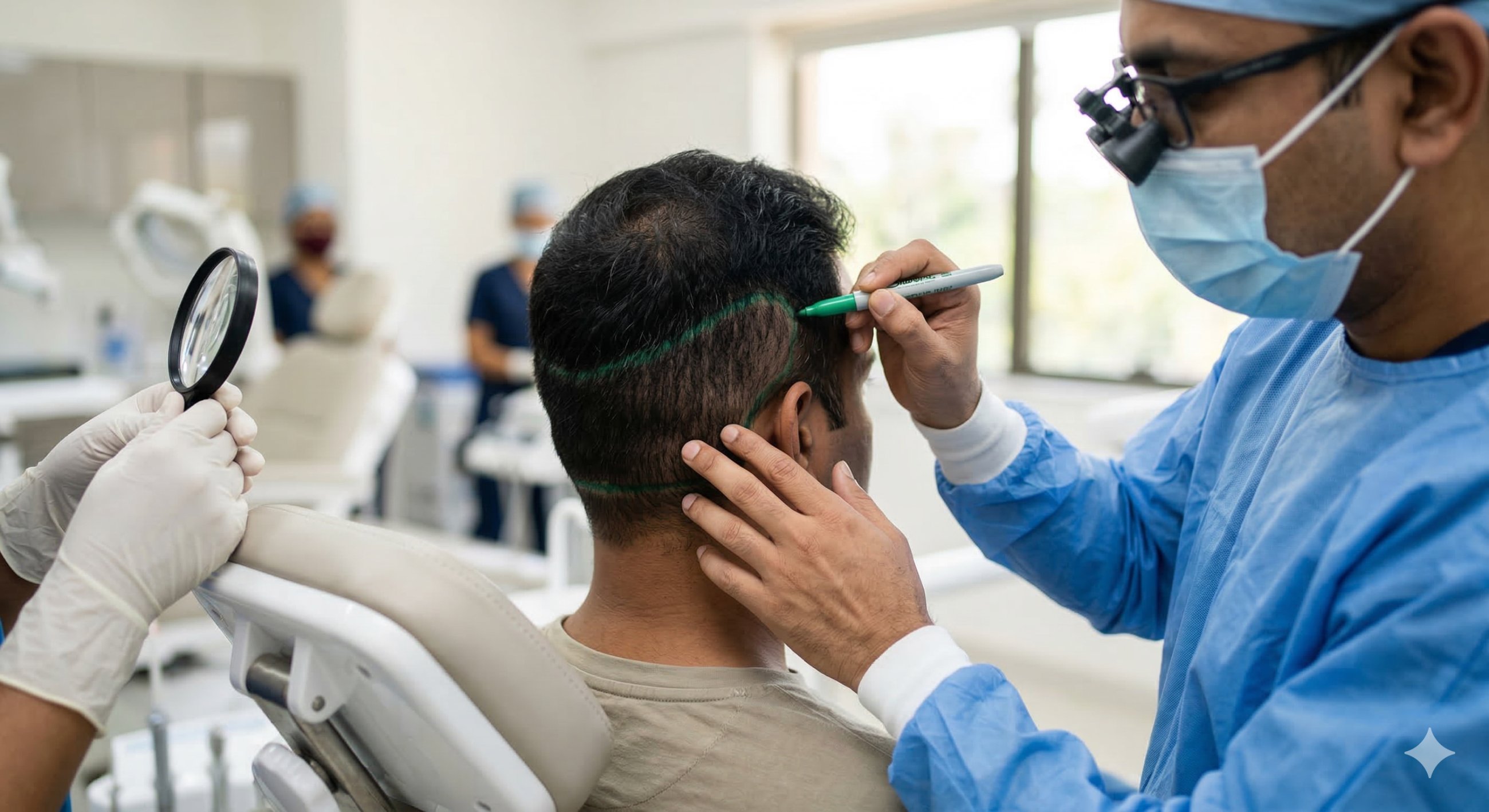 Expert doctor marking hairline zones for FUE hair transplant at Sanjeevani Cos Derma Bangalore