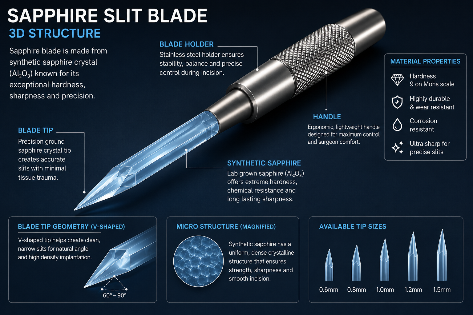 Sapphire blade tools used in Sapphire FUE hair transplant at Sanjeevani Cos Derma Bangalore — 30 and 45 degree single and double edge blades with precision pen holder