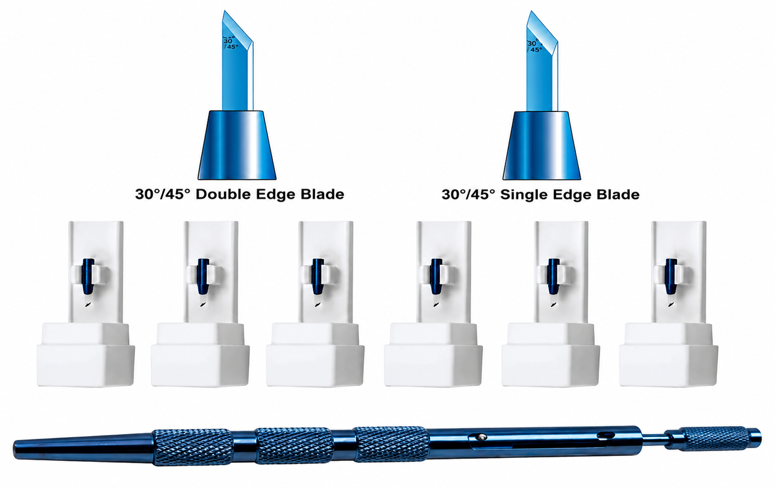 Sapphire Slit Blade 3D Structure — Sanjeevani Cos Derma Hair Transplant Sapphire slit blade 3D structure diagram showing blade tip, synthetic sapphire crystal Al2O3, blade holder, handle and tip sizes 0.6mm to 1.5mm used in Sapphire FUE hair transplant at Sanjeevani Cos Derma Bangalore